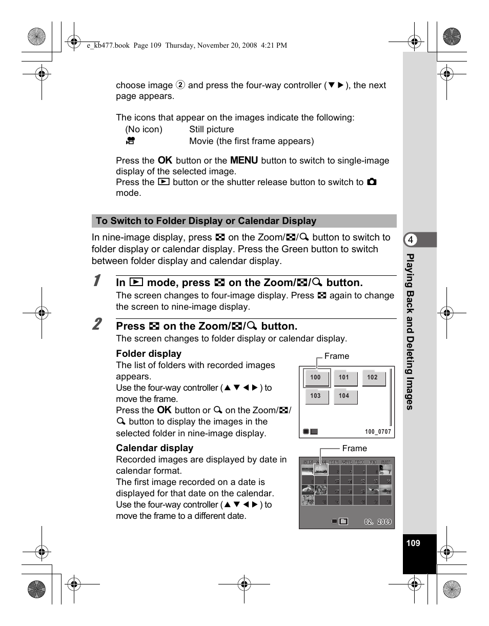 Press f on the zoom/ f / y button, 4pla y ing bac k an d del e ting ima g es, Folder display | Calendar display, Frame | Pentax Optio E70 User Manual | Page 111 / 225
