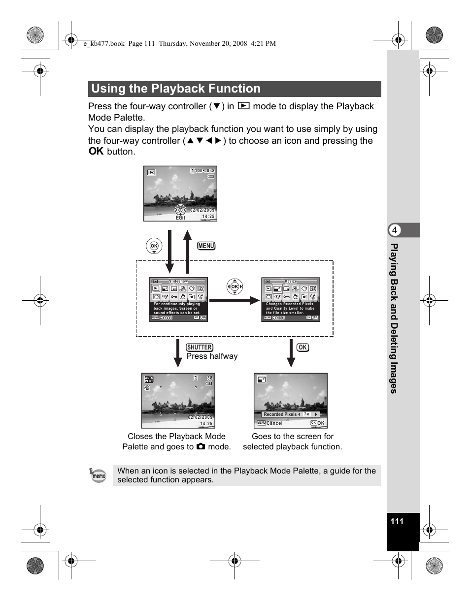 Using the playback function | Pentax Optio E70 User Manual | Page 113 / 225