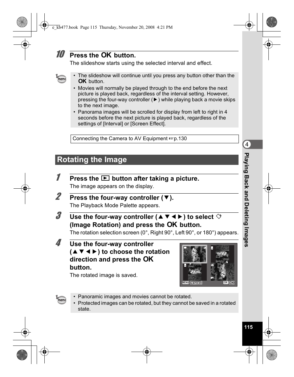 Rotating the image | Pentax Optio E70 User Manual | Page 117 / 225