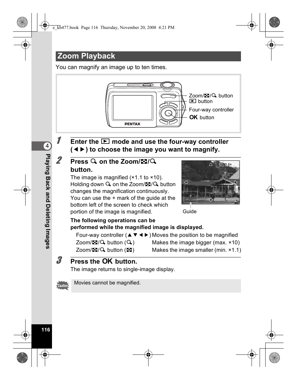 Zoom playback | Pentax Optio E70 User Manual | Page 118 / 225