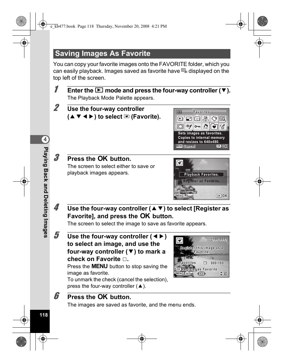 Saving images as favorite, Press the 4 button | Pentax Optio E70 User Manual | Page 120 / 225