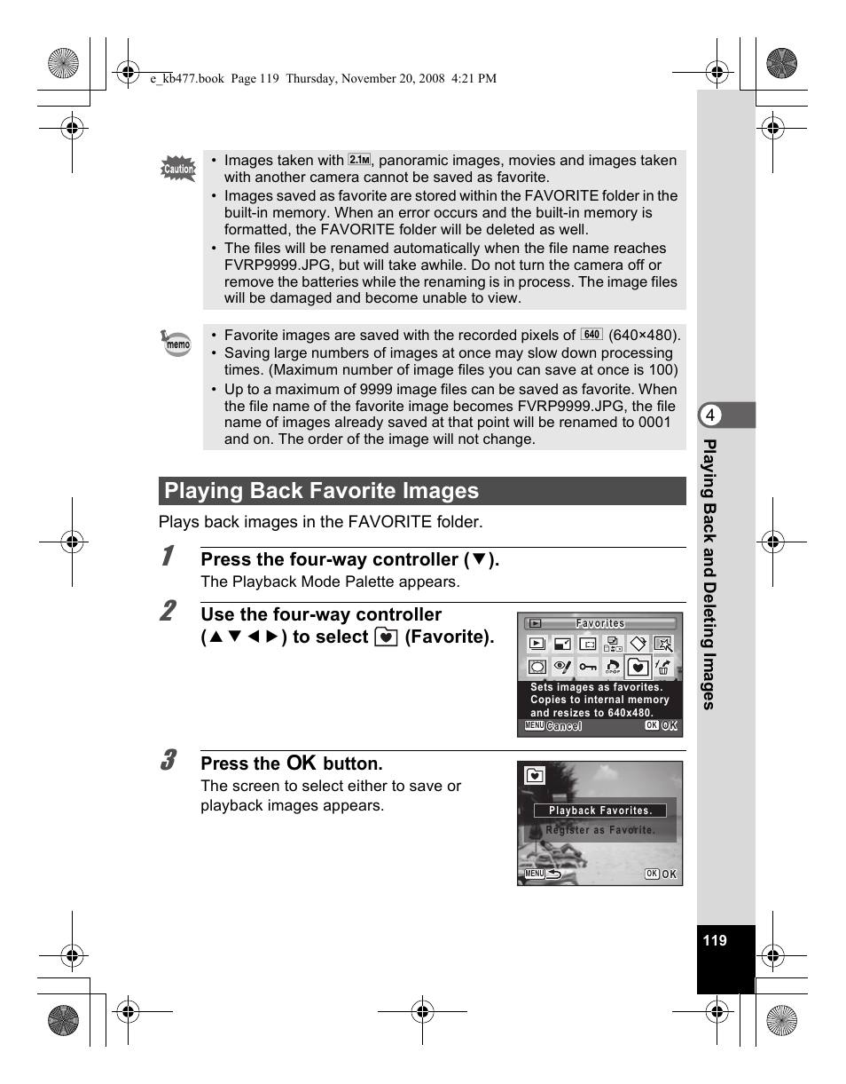 Playing back favorite images, Press the four-way controller ( 3 ), Press the 4 button | Pentax Optio E70 User Manual | Page 121 / 225