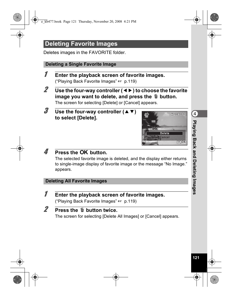 Deleting favorite images | Pentax Optio E70 User Manual | Page 123 / 225