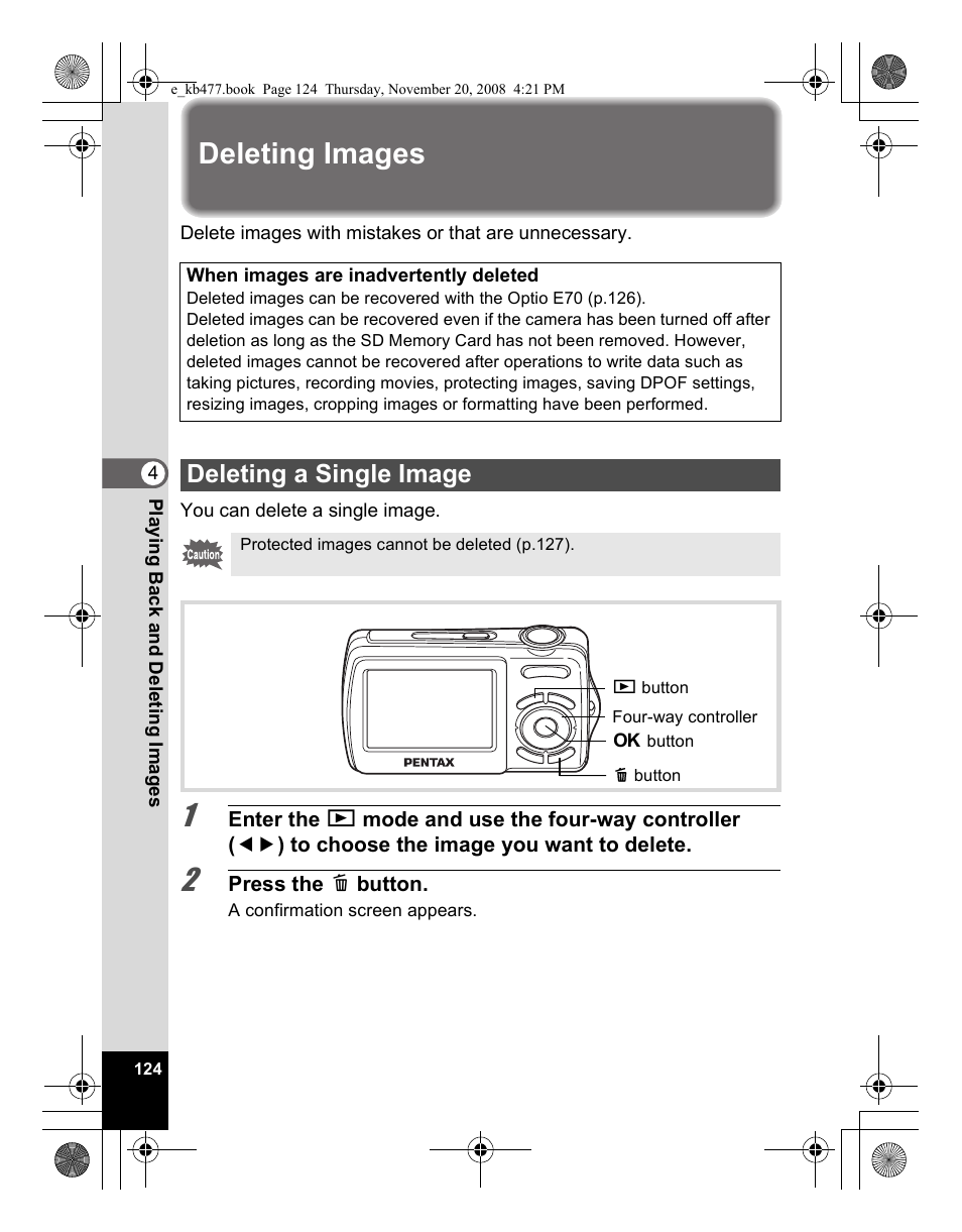 Deleting images, Deleting a single image | Pentax Optio E70 User Manual | Page 126 / 225