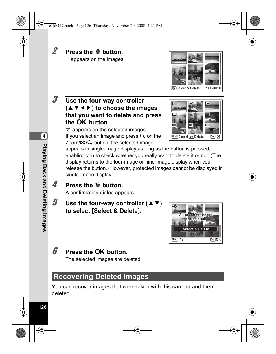 Recovering deleted images | Pentax Optio E70 User Manual | Page 128 / 225