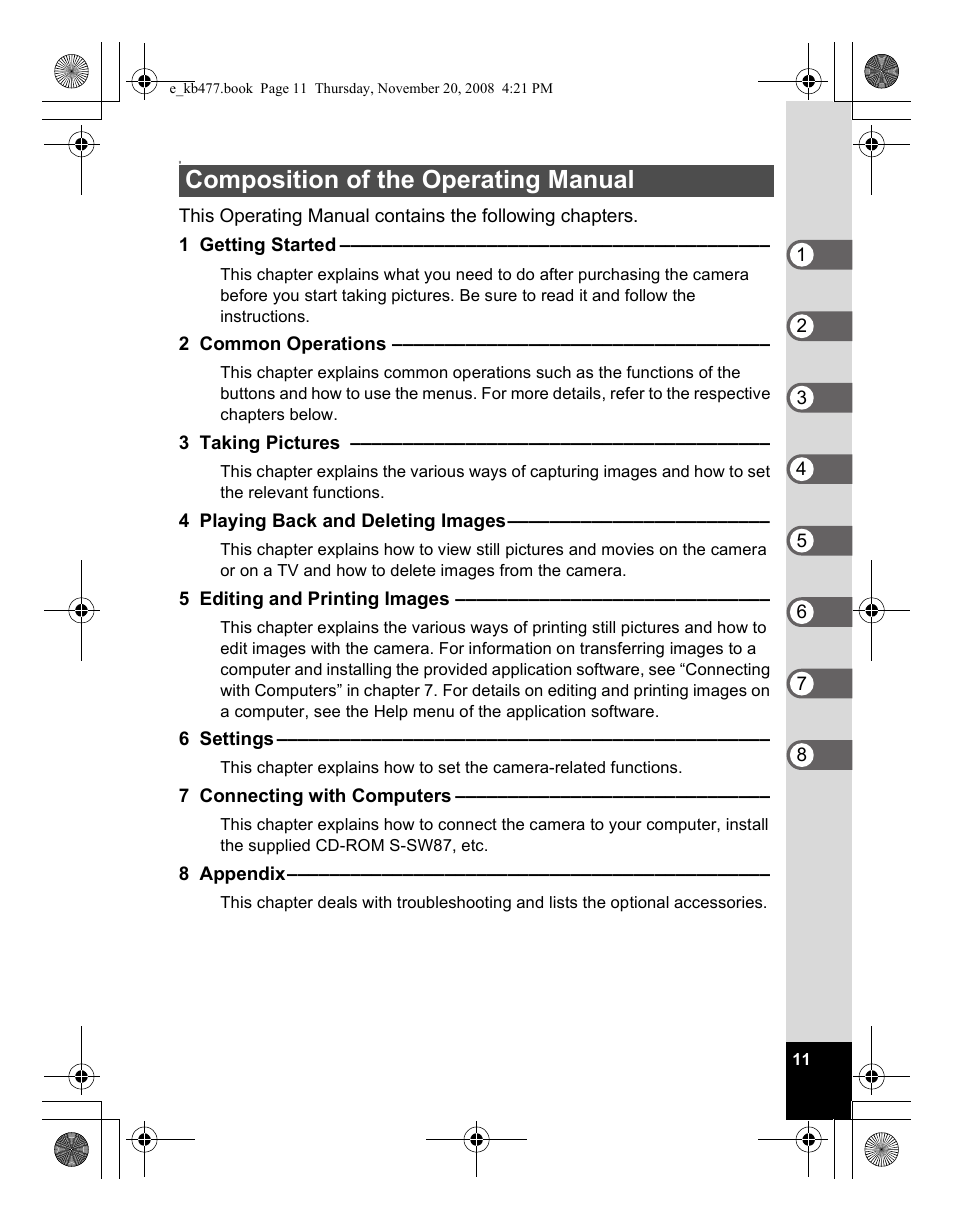 Composition of the operating manual | Pentax Optio E70 User Manual | Page 13 / 225