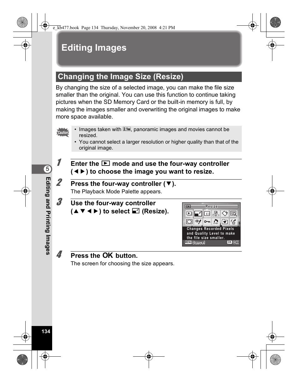 Editing images, Changing the image size (resize) | Pentax Optio E70 User Manual | Page 136 / 225