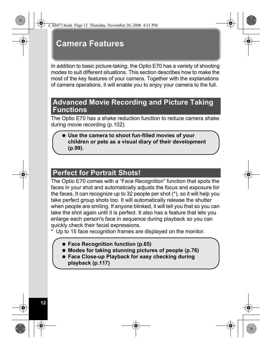 Camera features | Pentax Optio E70 User Manual | Page 14 / 225