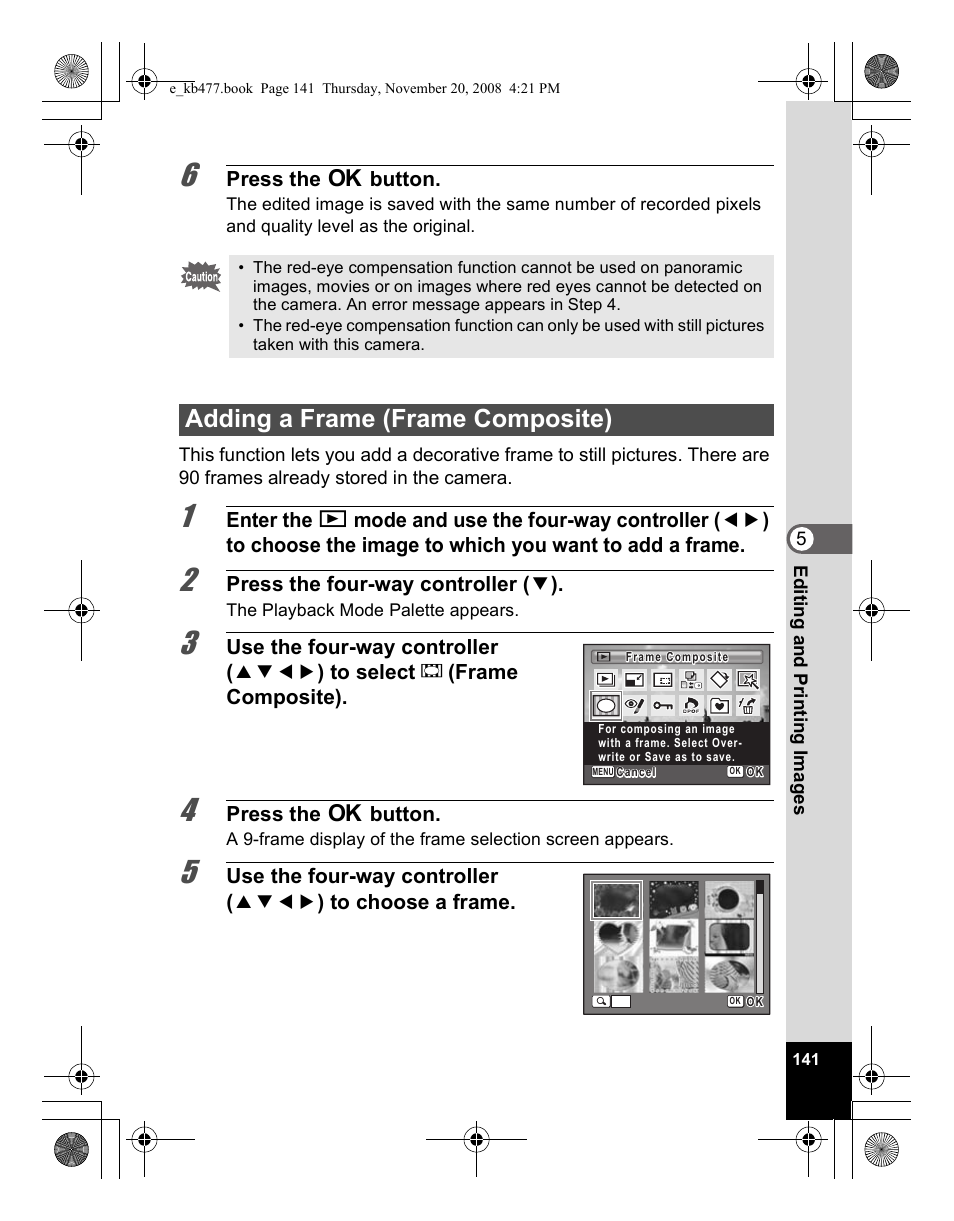 Adding a frame (frame composite) | Pentax Optio E70 User Manual | Page 143 / 225