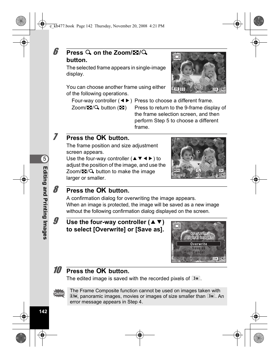 Press y on the zoom/ f / y button, Press the 4 button | Pentax Optio E70 User Manual | Page 144 / 225