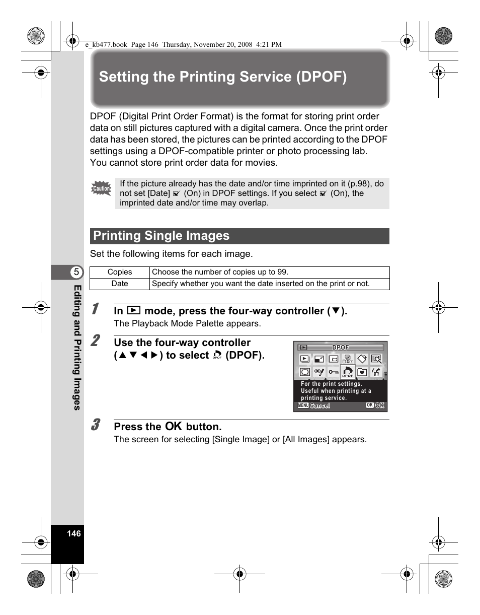 Setting the printing service (dpof), Printing single images | Pentax Optio E70 User Manual | Page 148 / 225