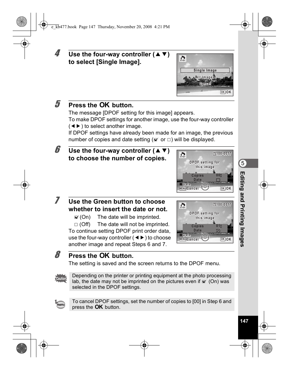 Press the 4 button, 5editin g an d printi ng im age s | Pentax Optio E70 User Manual | Page 149 / 225