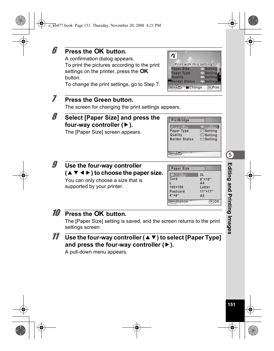 Press the 4 button, Press the green button | Pentax Optio E70 User Manual | Page 153 / 225