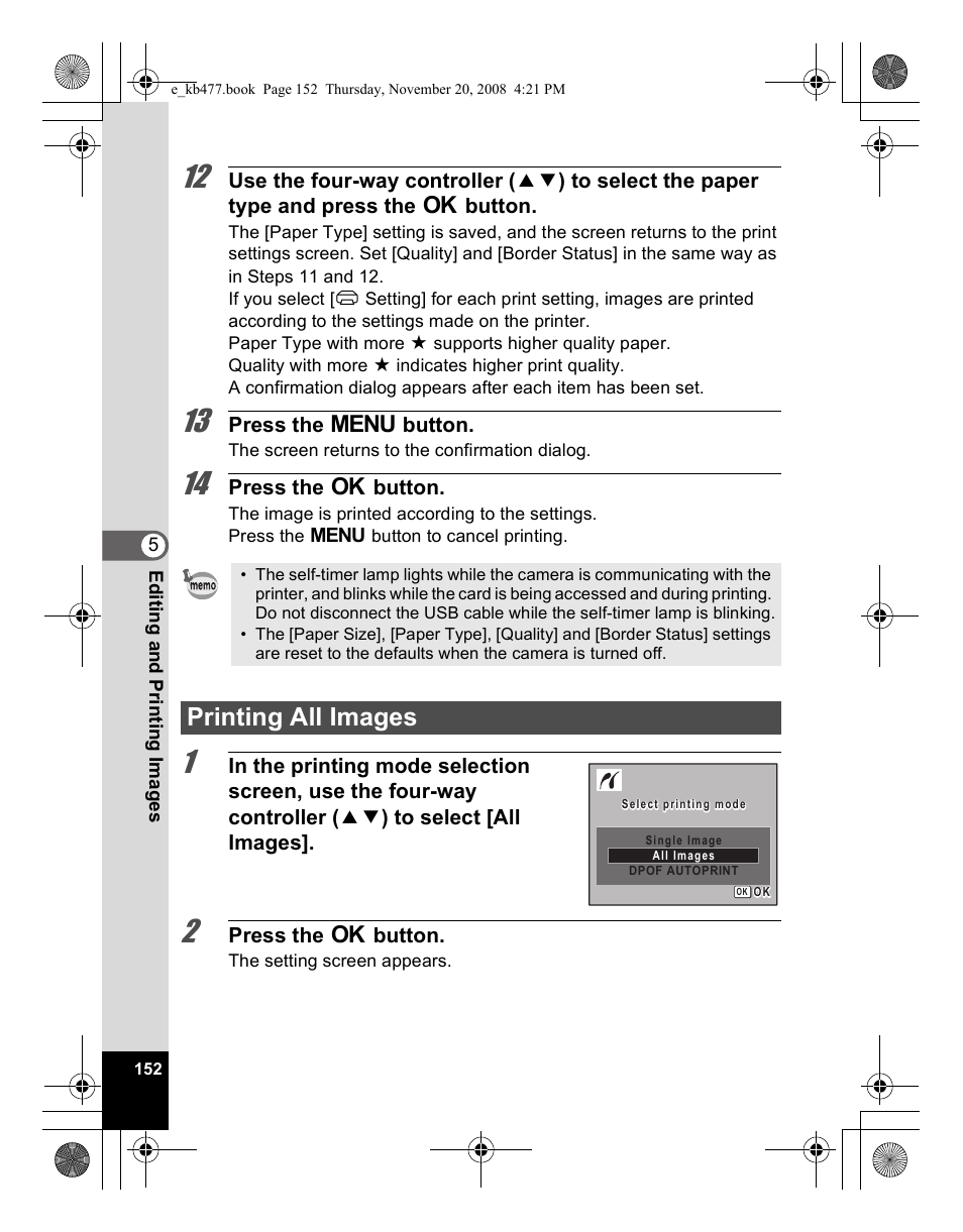 Printing all images | Pentax Optio E70 User Manual | Page 154 / 225