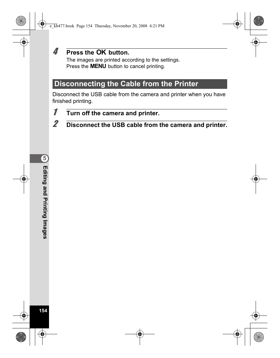 Disconnecting the cable from the printer | Pentax Optio E70 User Manual | Page 156 / 225