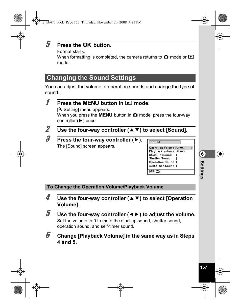 Changing the sound settings | Pentax Optio E70 User Manual | Page 159 / 225