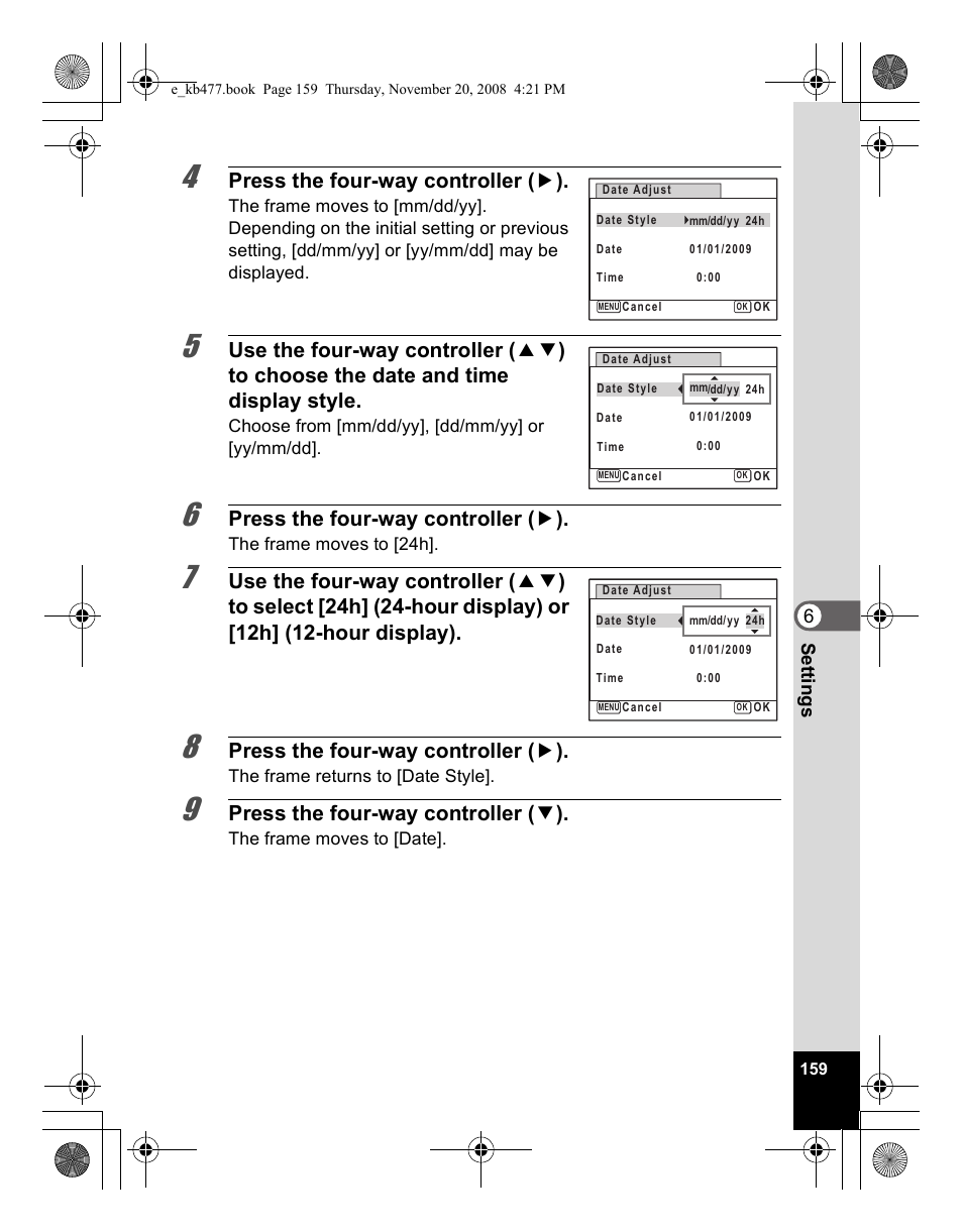 Press the four-way controller ( 5 ), Press the four-way controller ( 3 ) | Pentax Optio E70 User Manual | Page 161 / 225