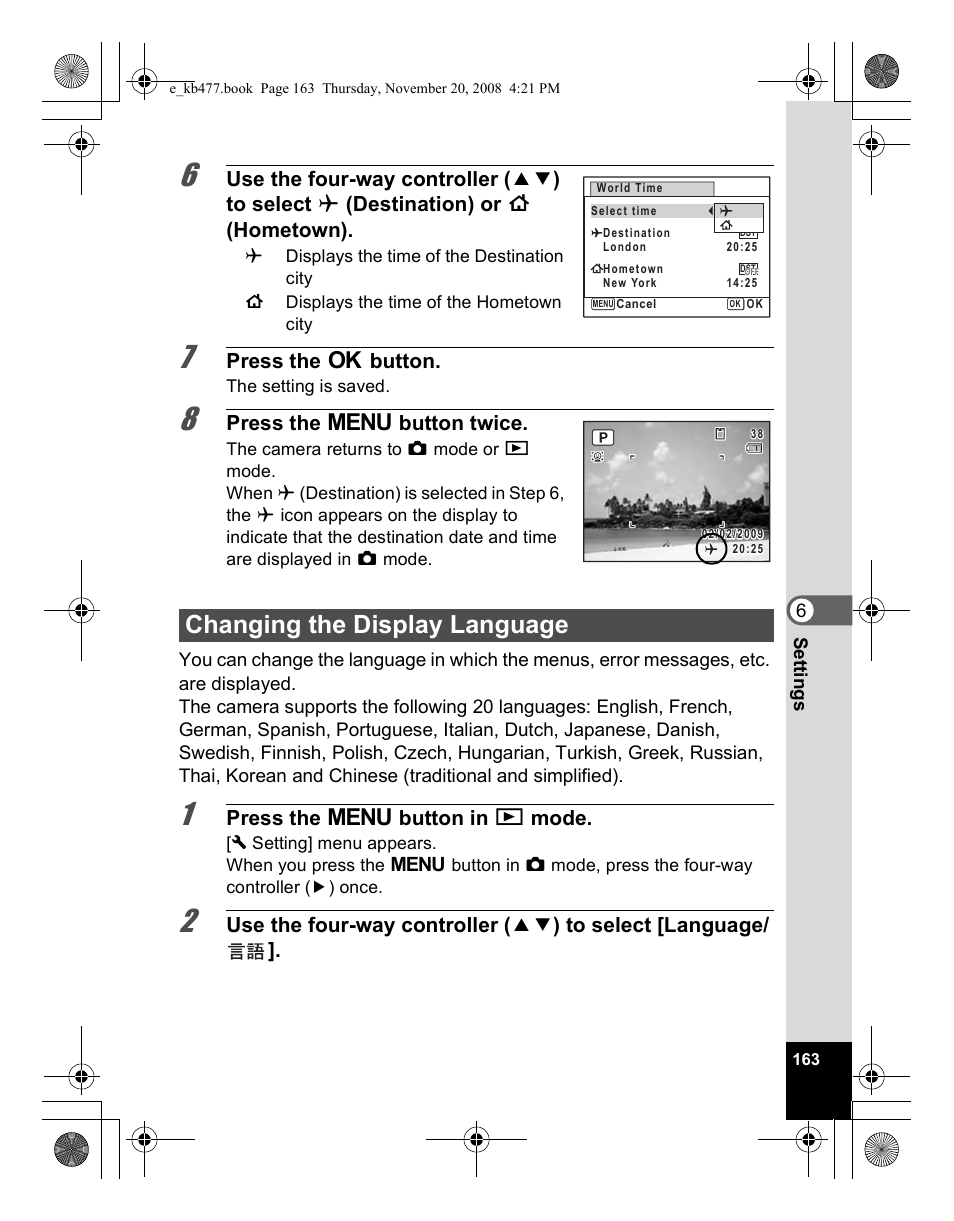 Changing the display language, Press the 4 button, Press the 3 button twice | Press the 3 button in q mode | Pentax Optio E70 User Manual | Page 165 / 225