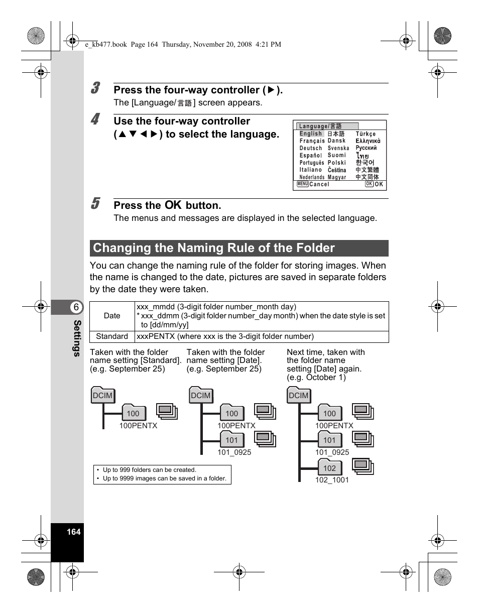 Changing the naming rule of the folder, Press the four-way controller ( 5 ), Press the 4 button | Pentax Optio E70 User Manual | Page 166 / 225