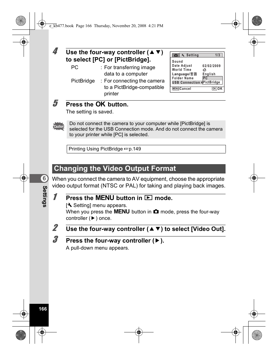 Changing the video output format | Pentax Optio E70 User Manual | Page 168 / 225