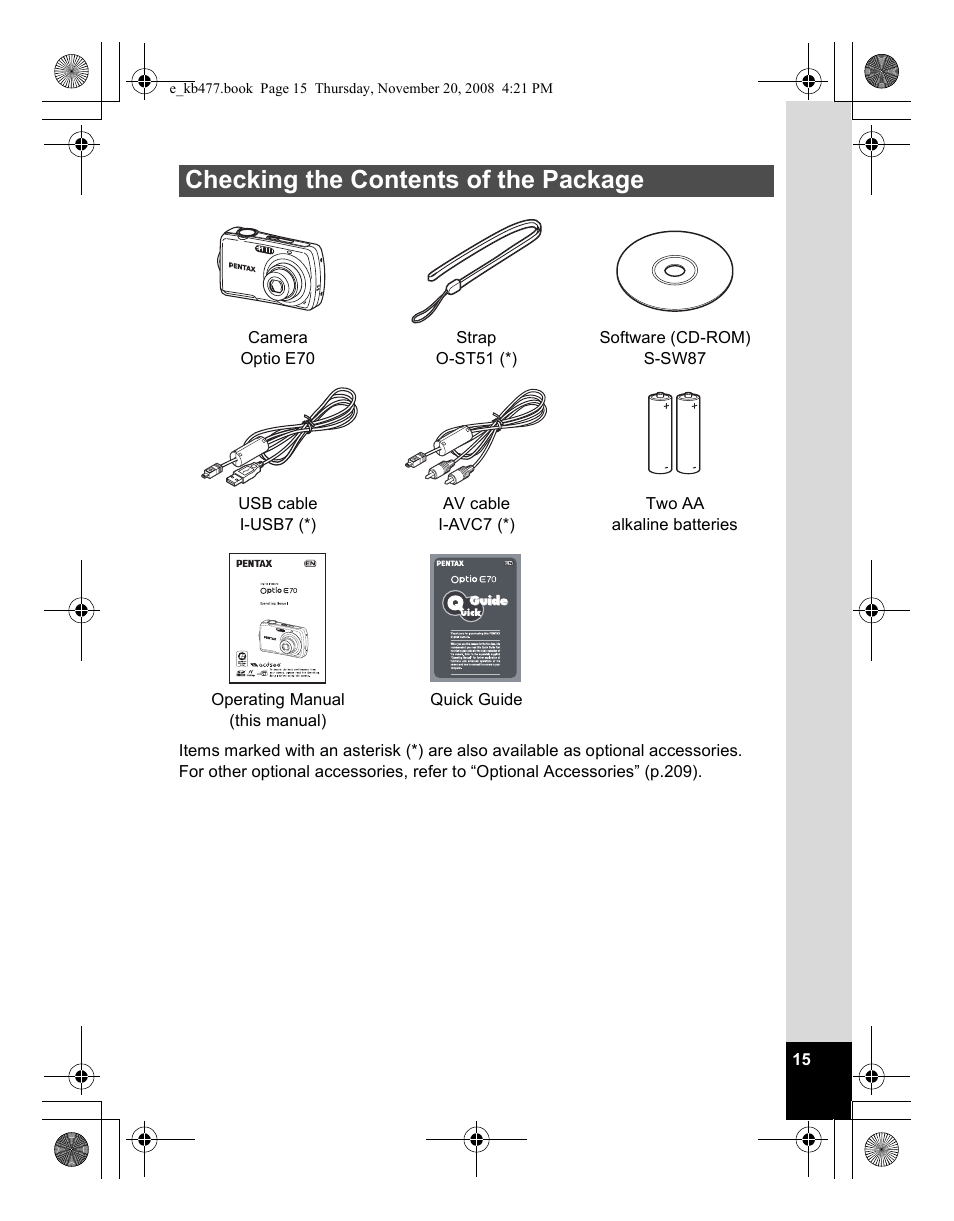 Checking the contents of the package | Pentax Optio E70 User Manual | Page 17 / 225