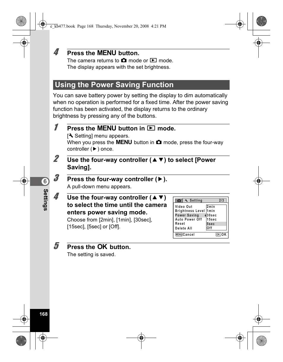 Using the power saving function | Pentax Optio E70 User Manual | Page 170 / 225