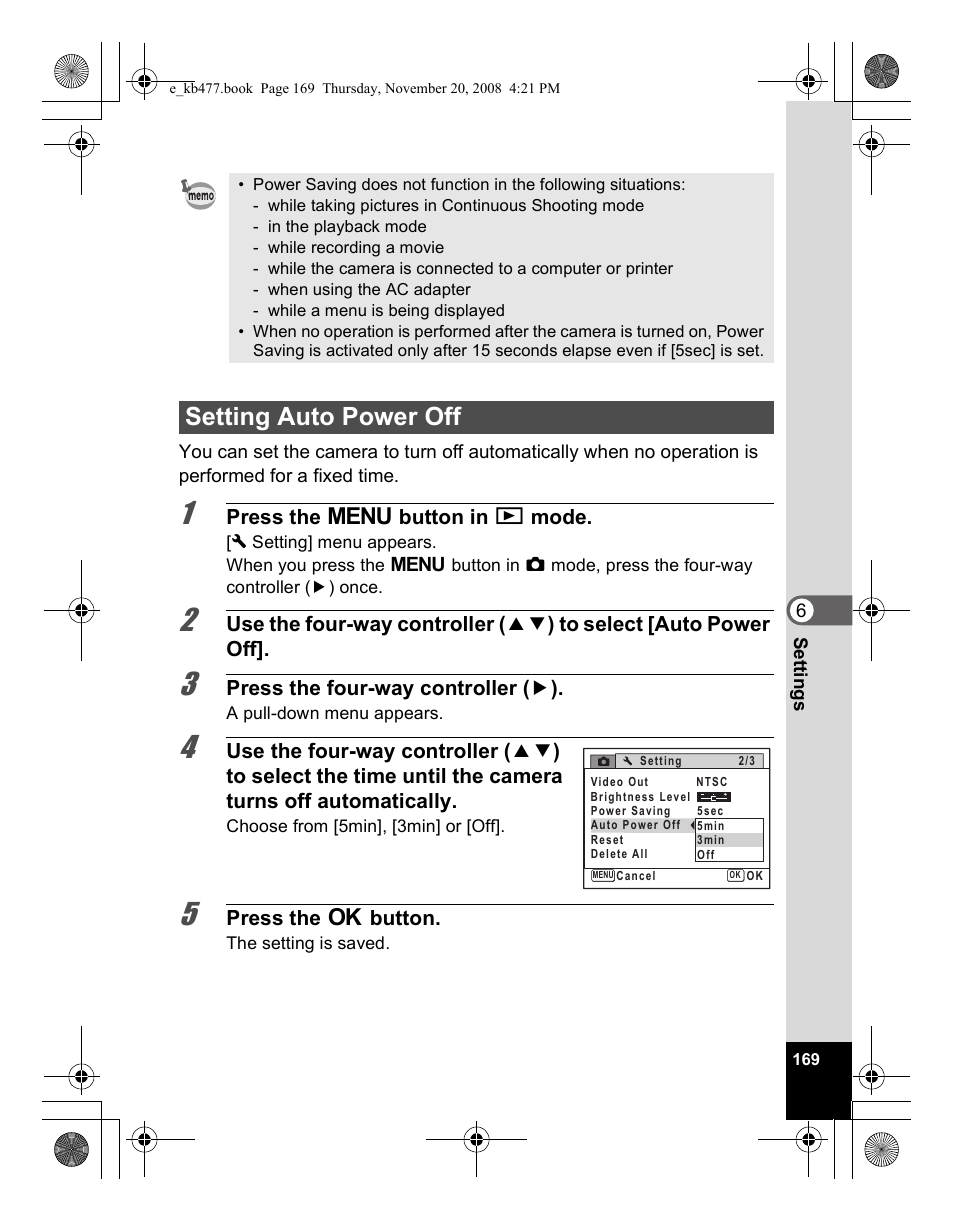 Setting auto power off, Press the 3 button in q mode, Press the four-way controller ( 5 ) | Press the 4 button | Pentax Optio E70 User Manual | Page 171 / 225