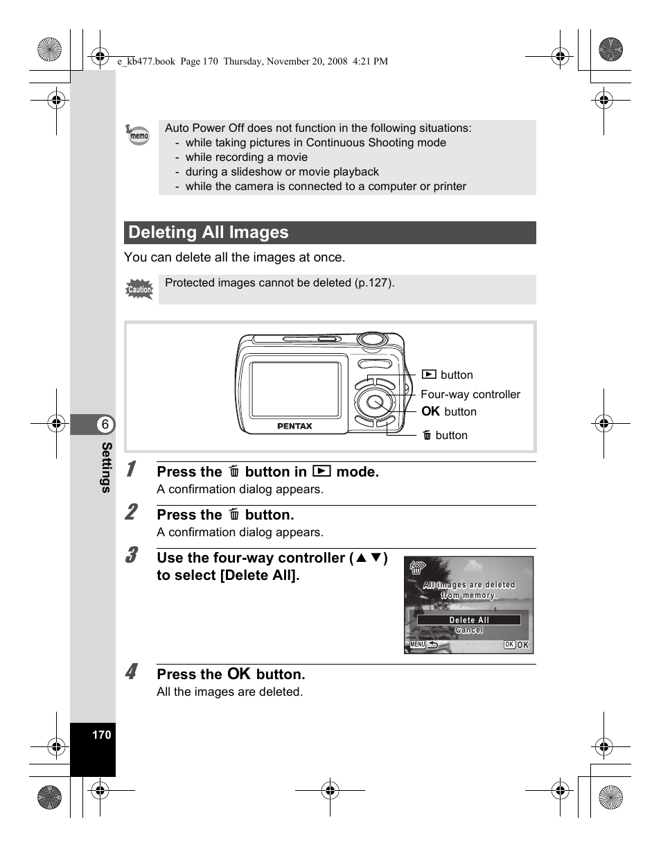 Deleting all images | Pentax Optio E70 User Manual | Page 172 / 225