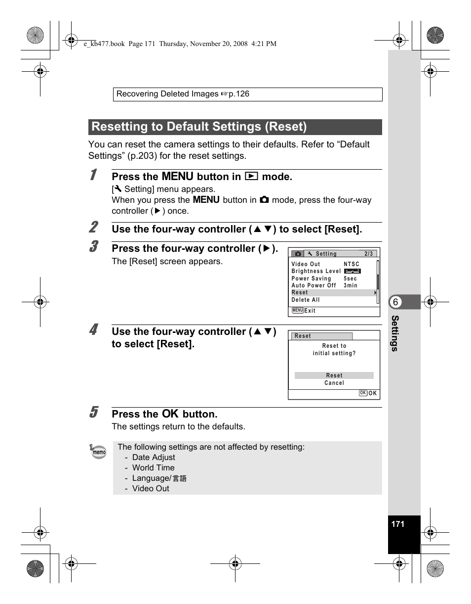 Resetting to default settings (reset), Press the 3 button in q mode, Press the four-way controller ( 5 ) | Press the 4 button | Pentax Optio E70 User Manual | Page 173 / 225