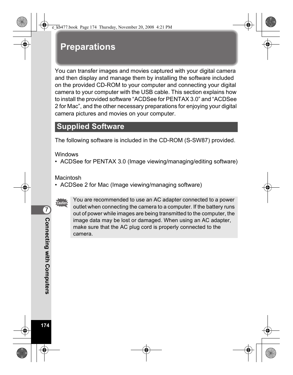 Preparations, Supplied software | Pentax Optio E70 User Manual | Page 176 / 225