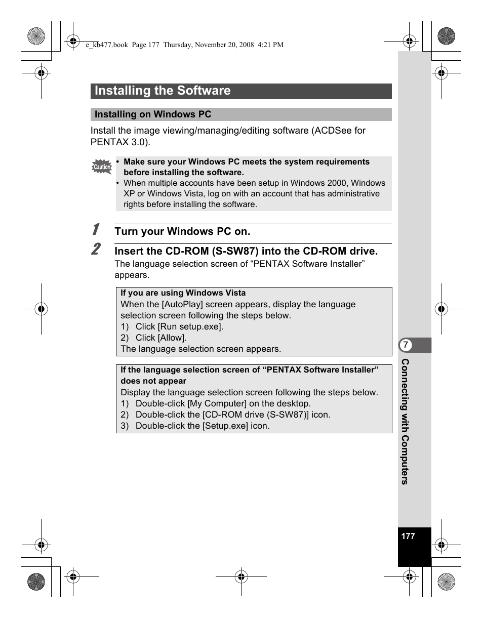 Installing the software | Pentax Optio E70 User Manual | Page 179 / 225