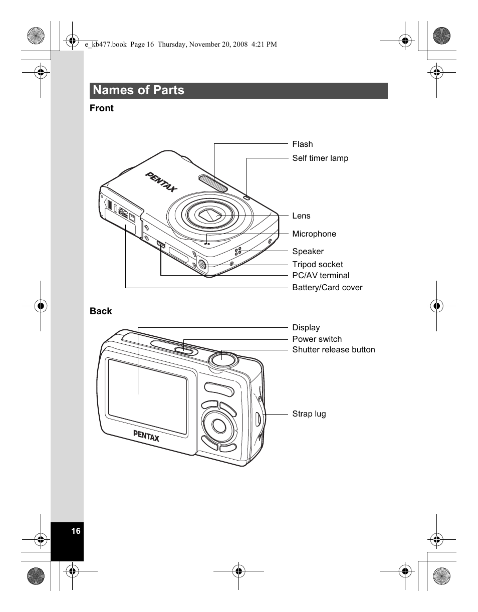 Names of parts | Pentax Optio E70 User Manual | Page 18 / 225