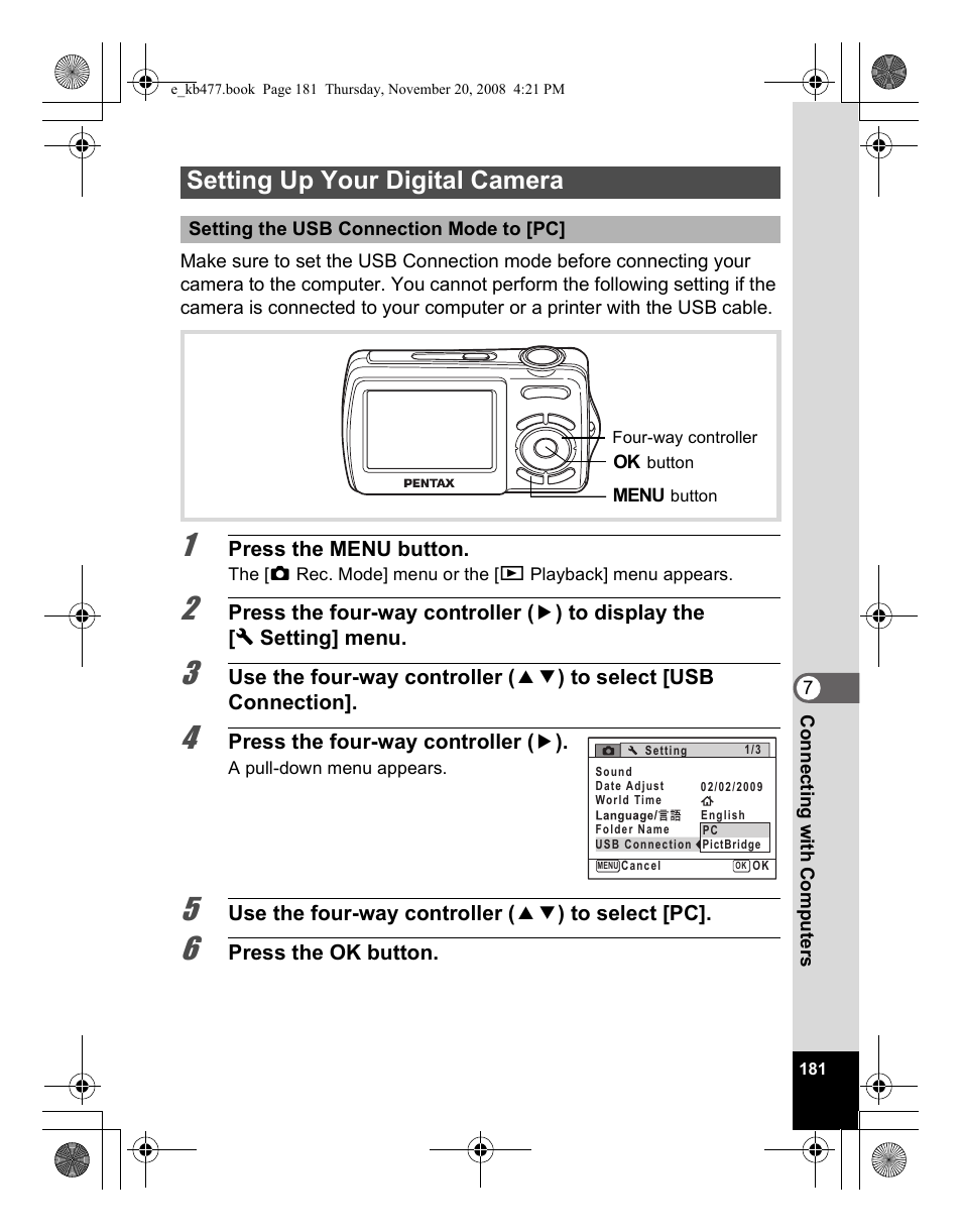 Setting up your digital camera | Pentax Optio E70 User Manual | Page 183 / 225