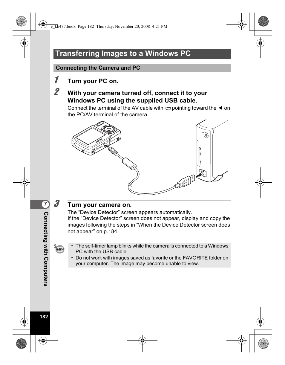 Transferring images to a windows pc | Pentax Optio E70 User Manual | Page 184 / 225