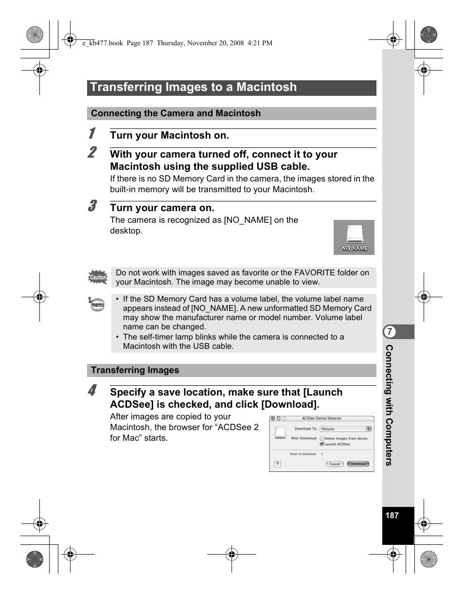 Transferring images to a macintosh | Pentax Optio E70 User Manual | Page 189 / 225