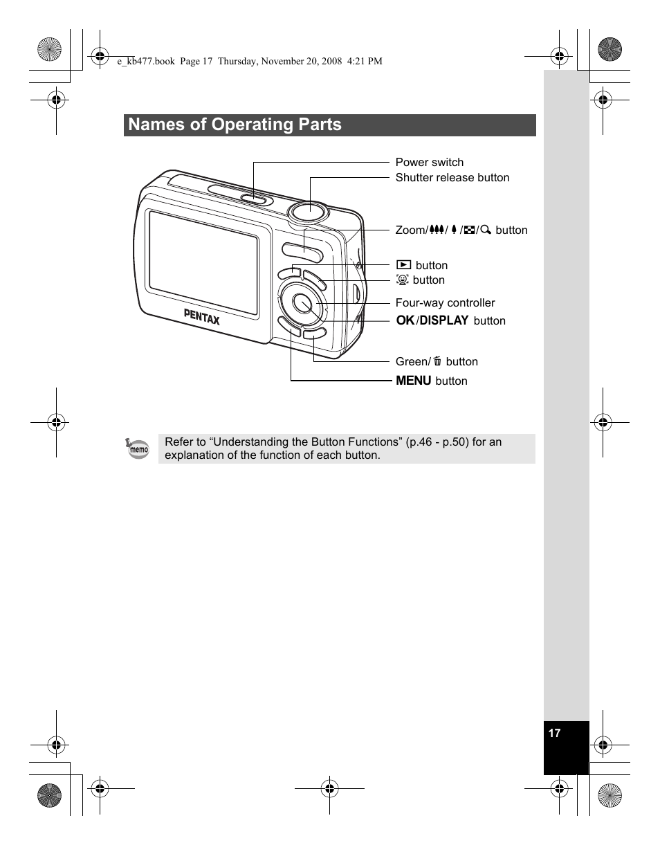 Names of operating parts | Pentax Optio E70 User Manual | Page 19 / 225