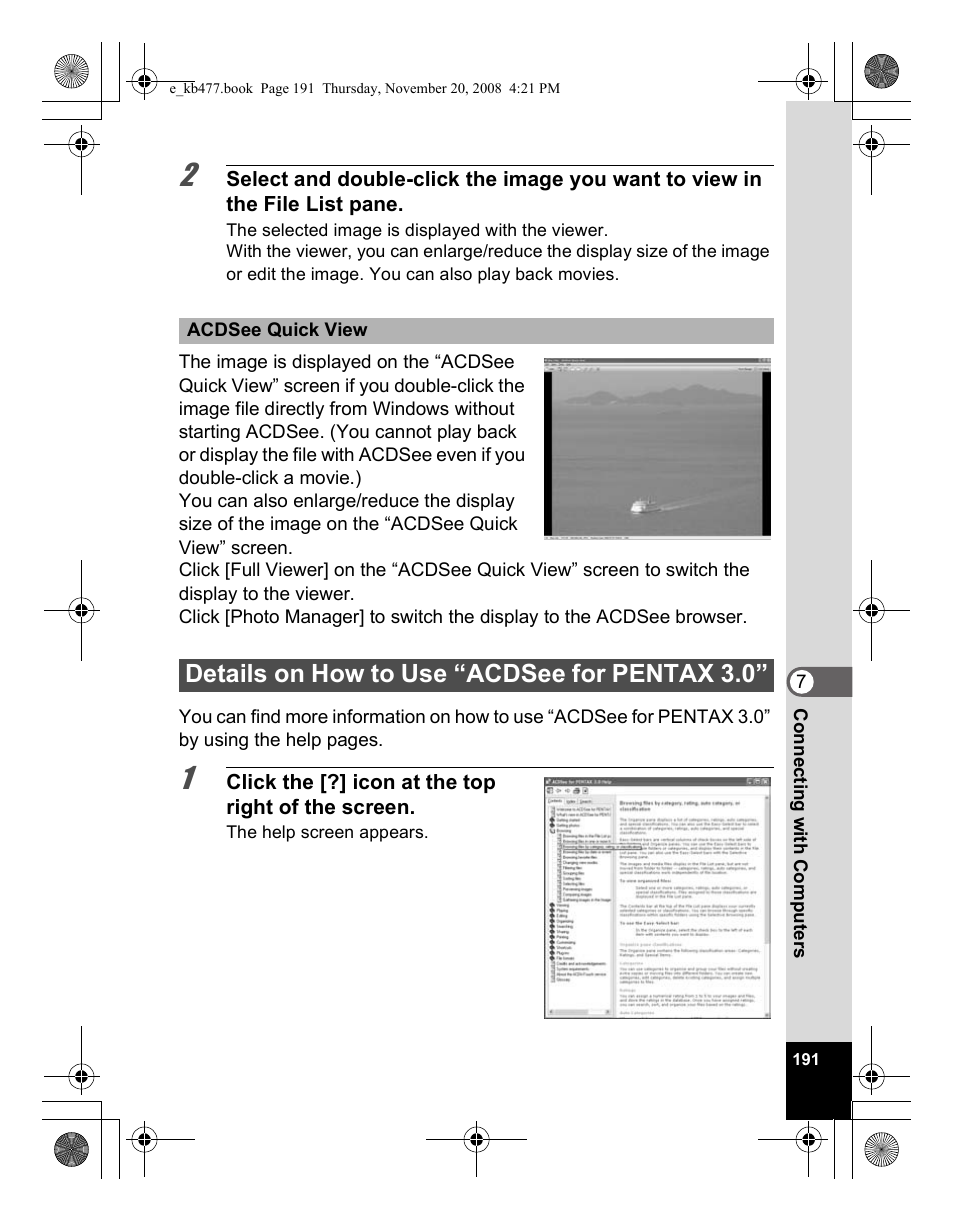 Details on how to use “acdsee for pentax 3.0 | Pentax Optio E70 User Manual | Page 193 / 225