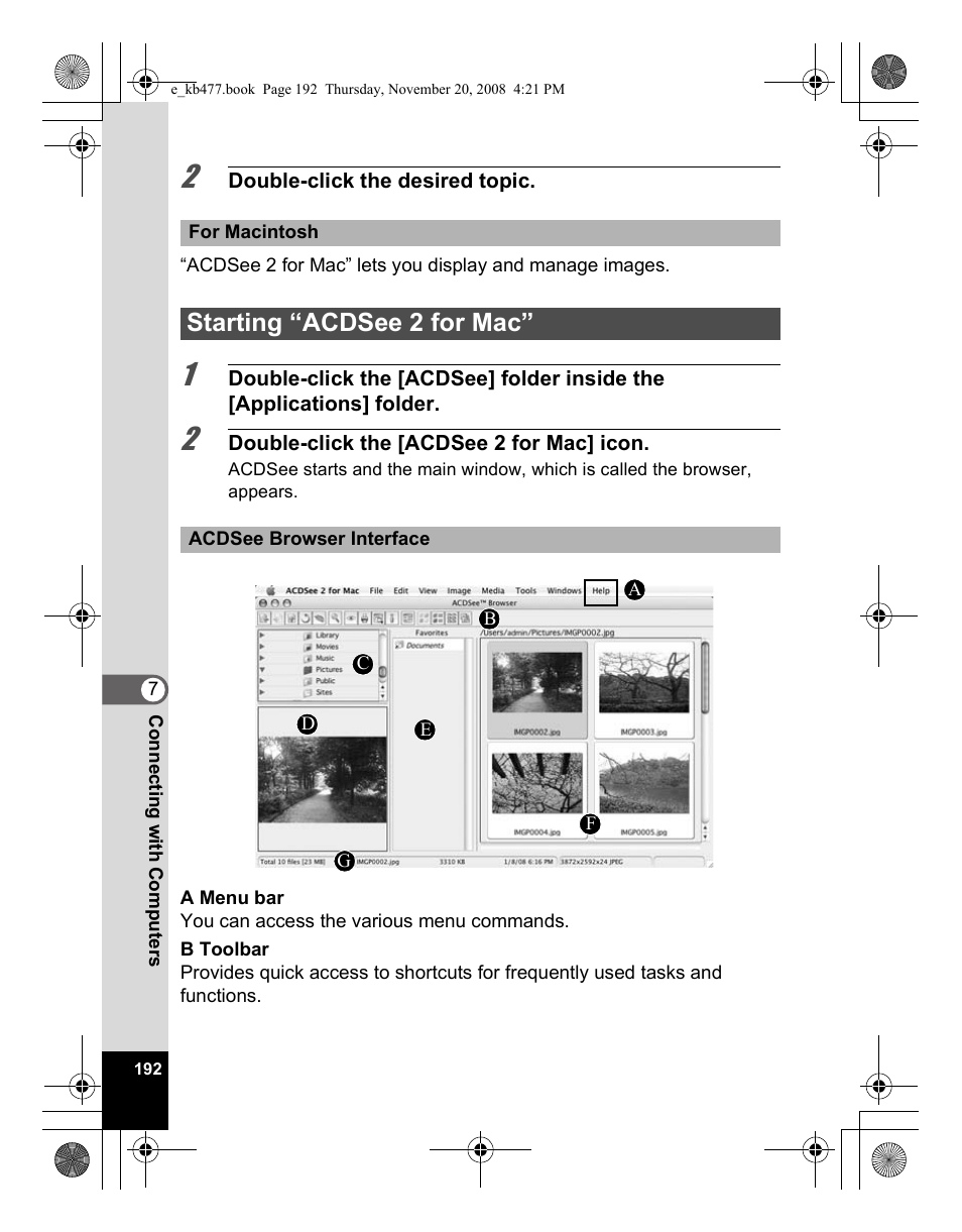 Starting “acdsee 2 for mac | Pentax Optio E70 User Manual | Page 194 / 225