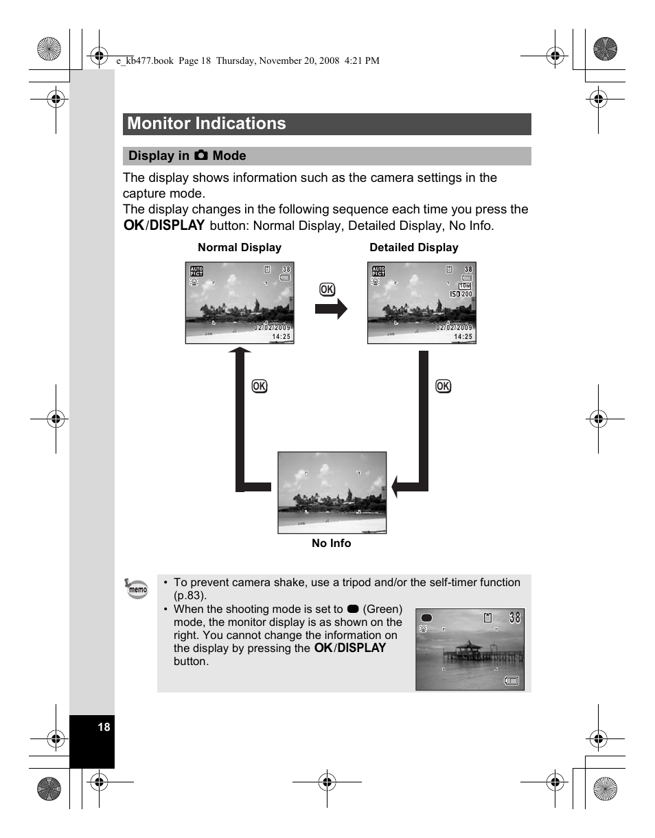 Monitor indications, Display in a mode | Pentax Optio E70 User Manual | Page 20 / 225