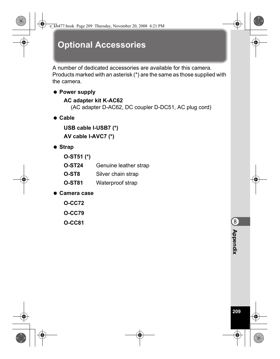 Optional accessories | Pentax Optio E70 User Manual | Page 211 / 225