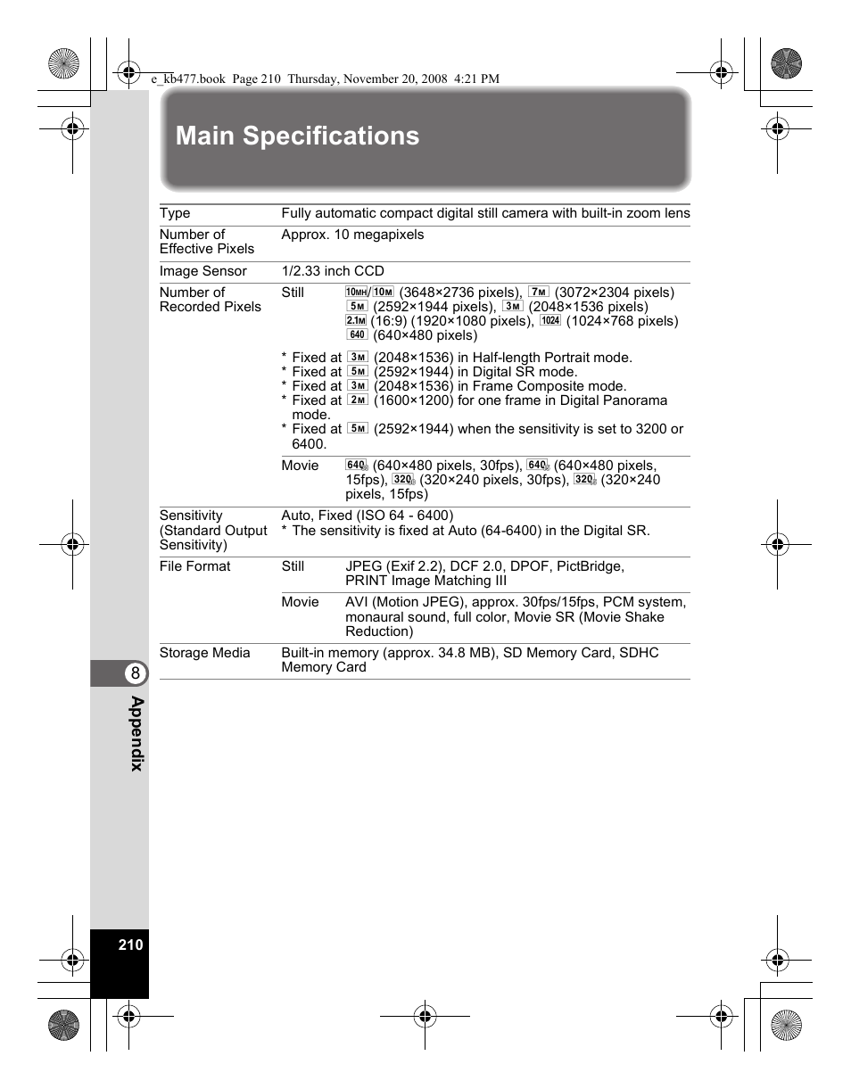 Main specifications | Pentax Optio E70 User Manual | Page 212 / 225