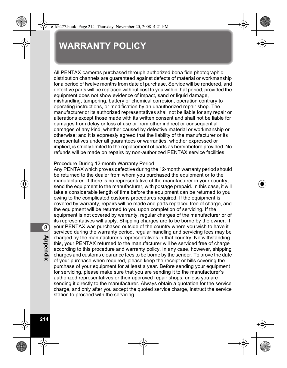 Warranty policy | Pentax Optio E70 User Manual | Page 216 / 225