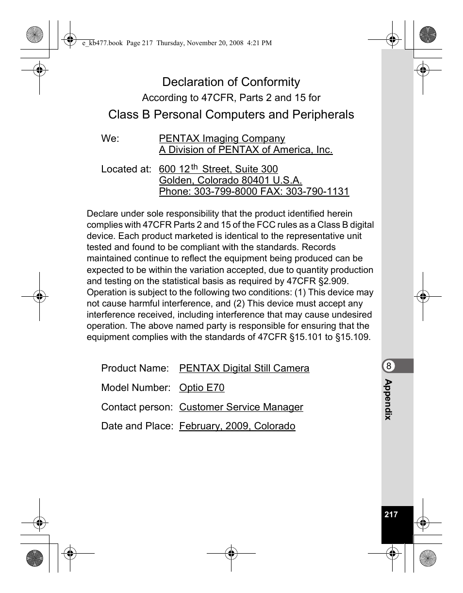 Declaration of conformity, Class b personal computers and peripherals | Pentax Optio E70 User Manual | Page 219 / 225