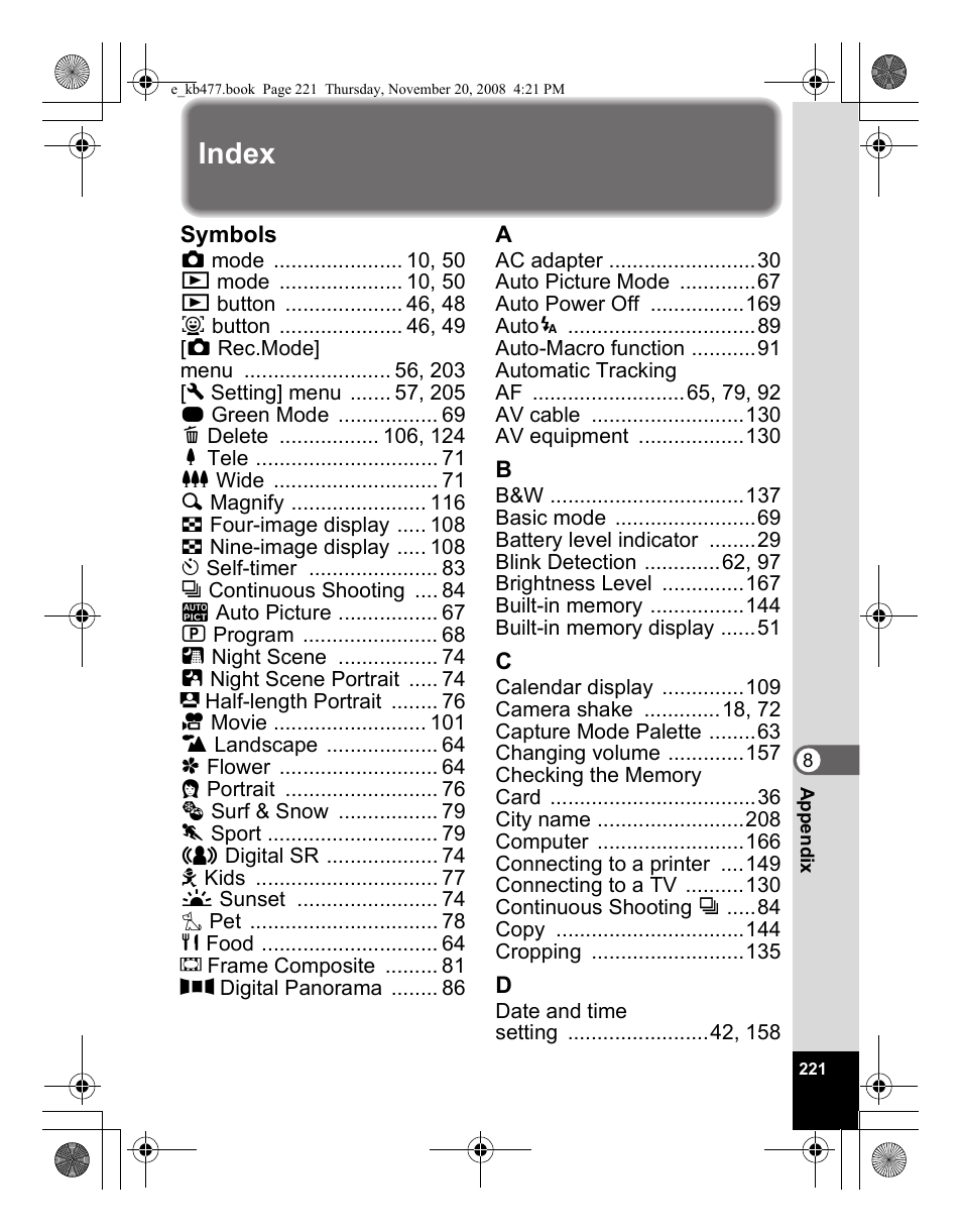 Index | Pentax Optio E70 User Manual | Page 222 / 225