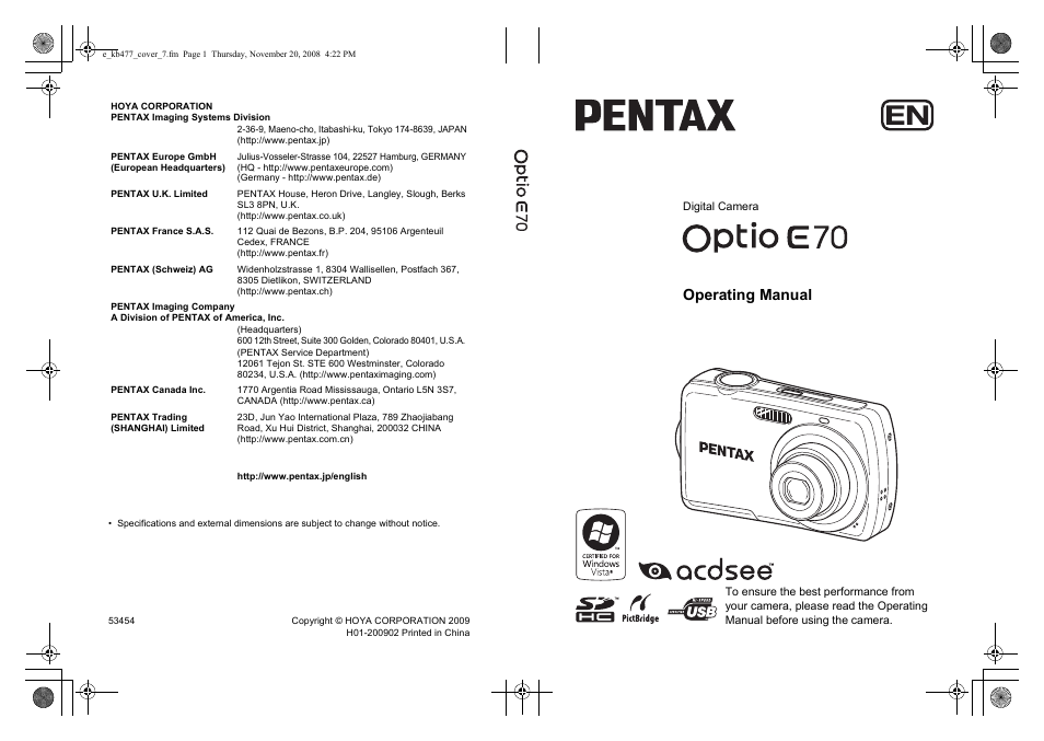 Operating manual | Pentax Optio E70 User Manual | Page 225 / 225