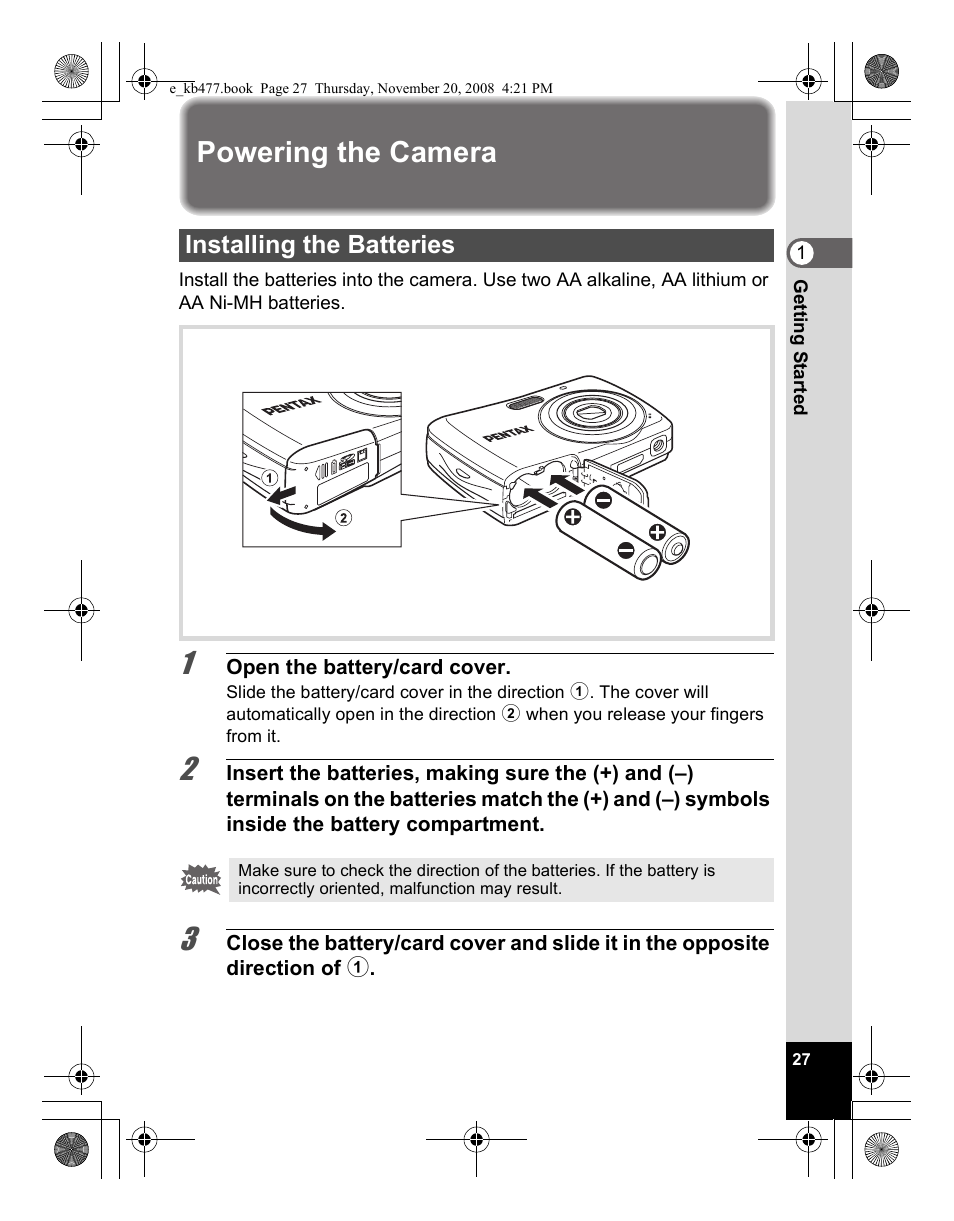 Powering the camera, Installing the batteries | Pentax Optio E70 User Manual | Page 29 / 225