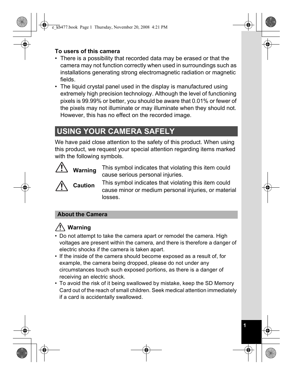 Using your camera safely | Pentax Optio E70 User Manual | Page 3 / 225