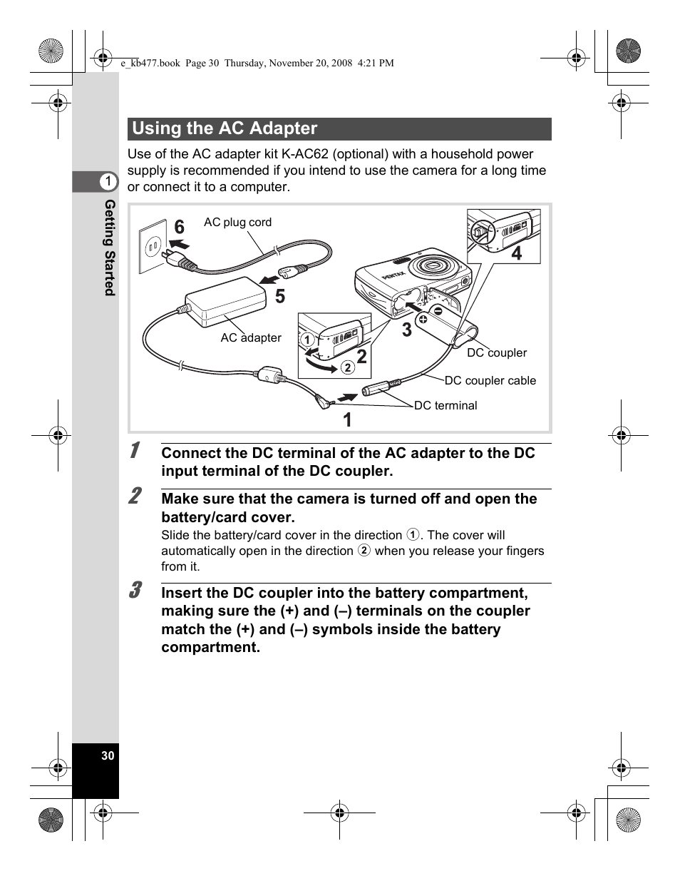 Using the ac adapter | Pentax Optio E70 User Manual | Page 32 / 225