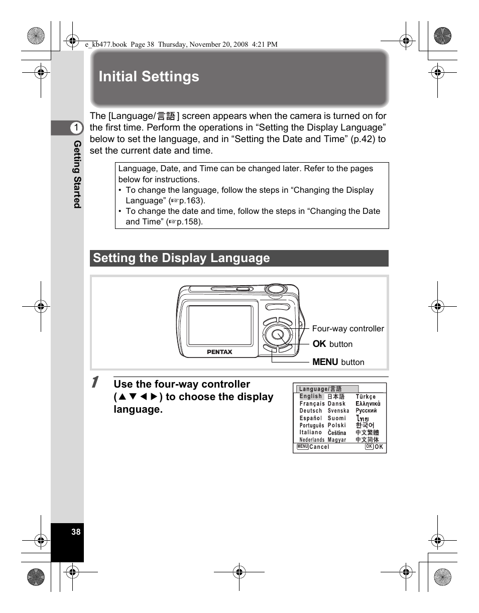 Initial settings, Setting the display language | Pentax Optio E70 User Manual | Page 40 / 225