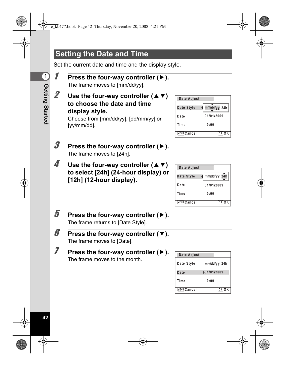 Setting the date and time, Press the four-way controller ( 5 ), Press the four-way controller ( 3 ) | Pentax Optio E70 User Manual | Page 44 / 225